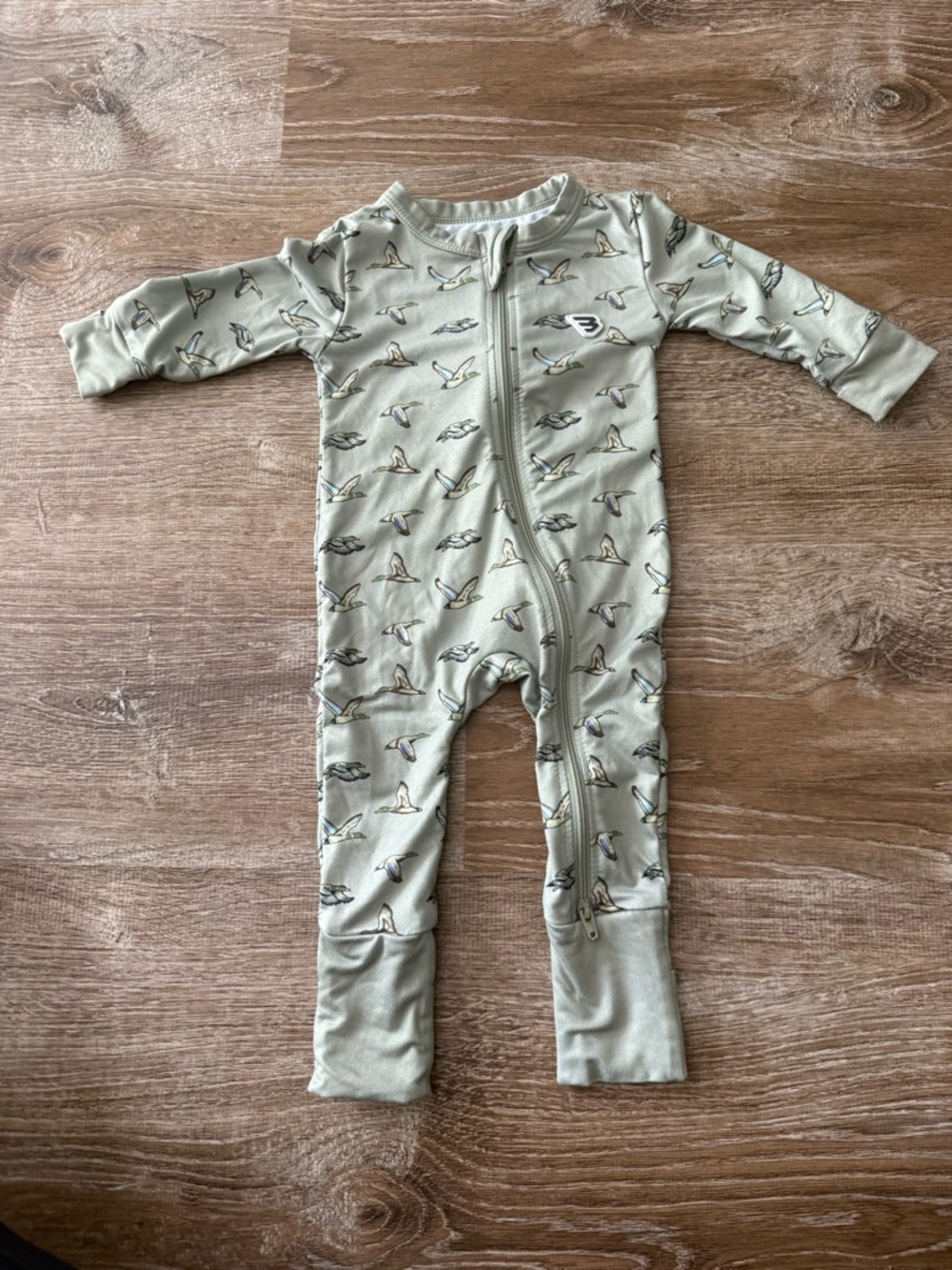 BURLEBO Sage Green Bird-Print Zippered One-Piece for Kids